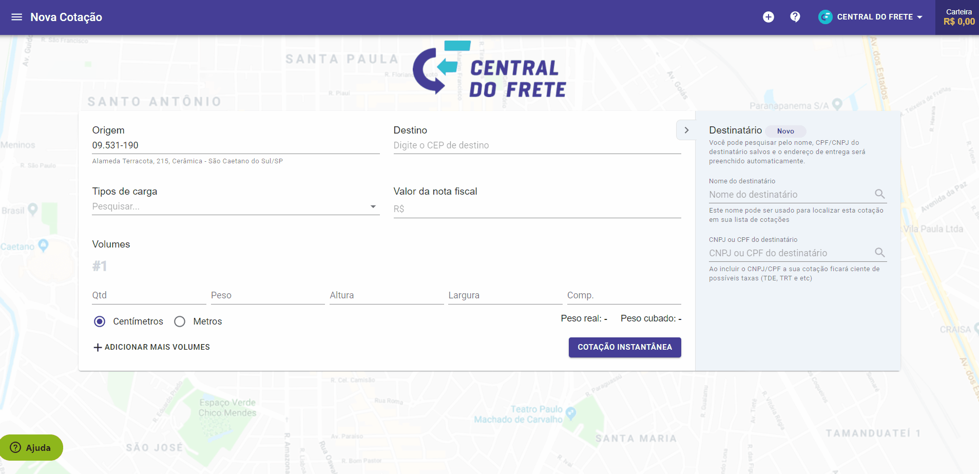 Cadastro do tipo de carga padrão nas configurações da plataforma