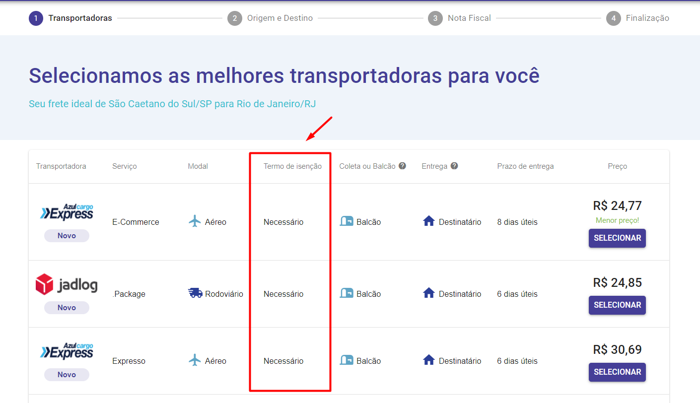Indicação do Termo de Isenção de Responsabilidade por Avaria na tela de cotação