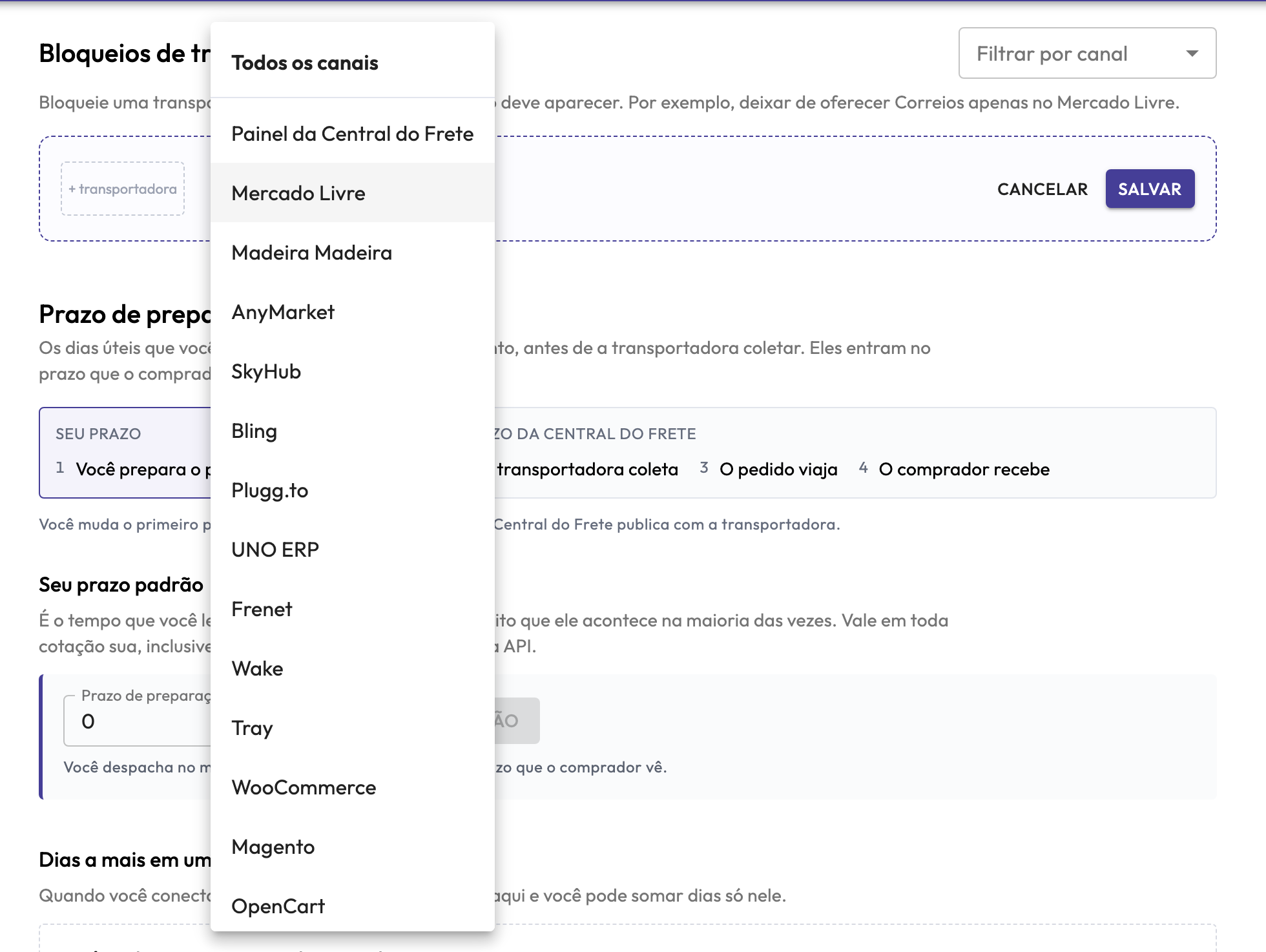 Lista de canais para o bloqueio