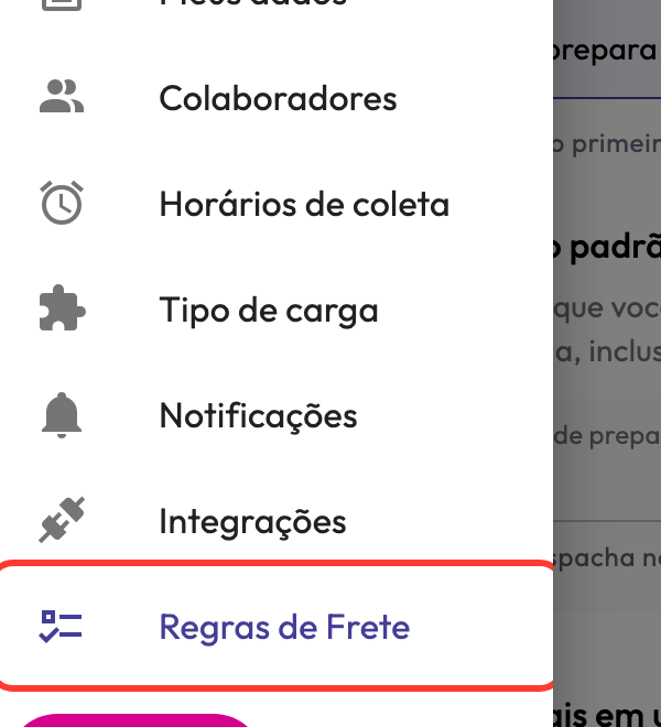 Menu do painel com a opção Regras de Frete
