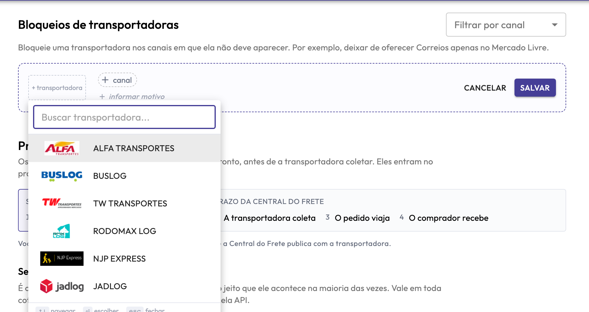 Lista de transportadoras para bloquear